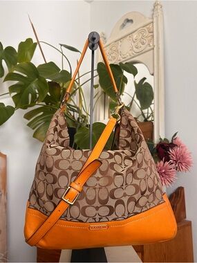 Coach Brown Signature Canvas Hobo with Orange Leather Trim